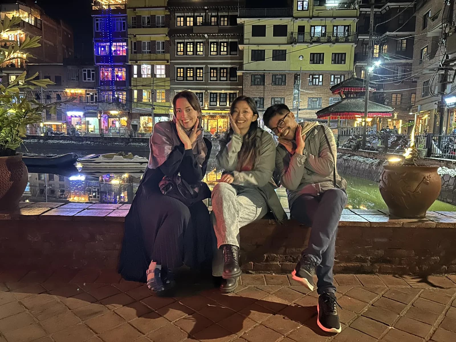 Three colleagues on an evening out in Kathmandu