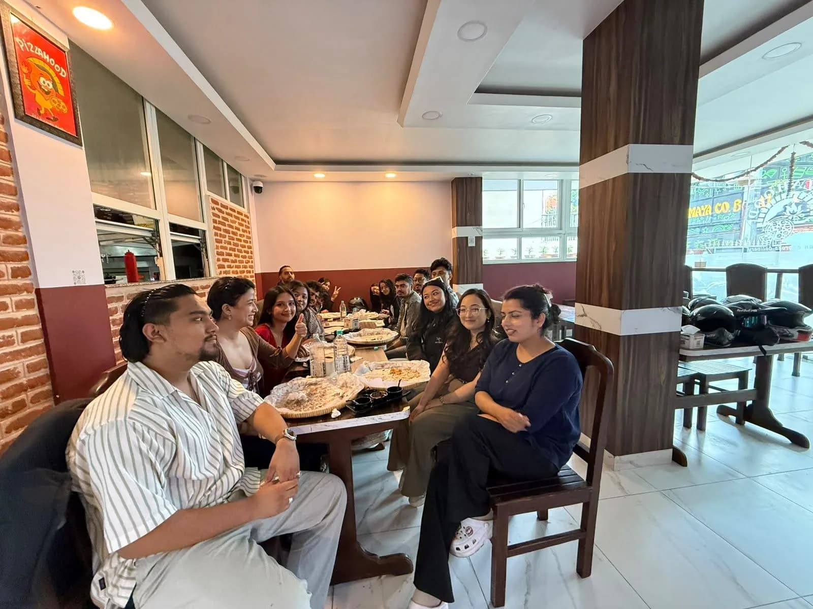 The team gathered around the table at lunch